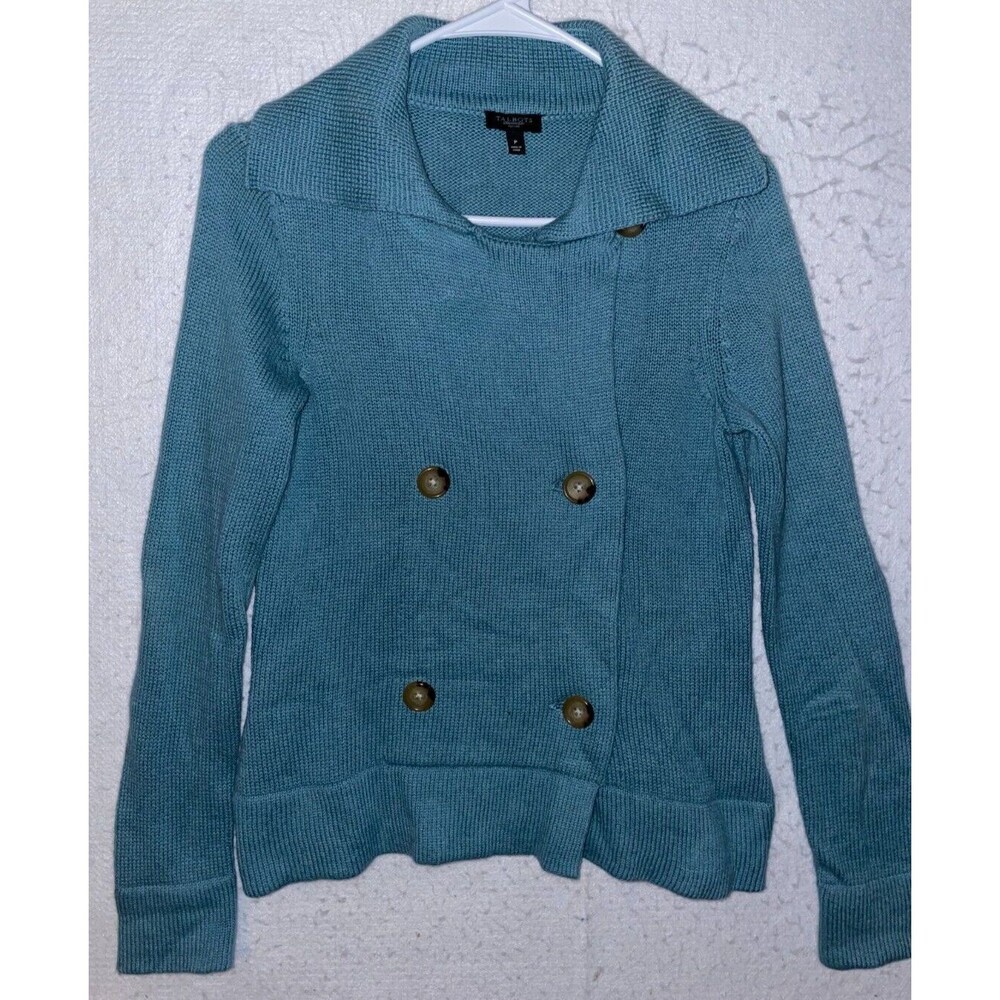 Talbots Double Breasted Knit Sweater Blazer Blue Women's Size P Long Sleeve Wool
